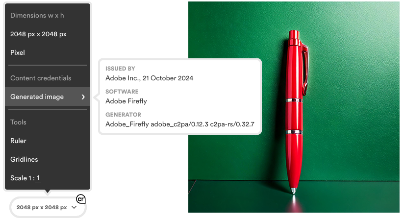 An image of a red pen on a green background along with Smart Check Content Credentials menu being displayed.