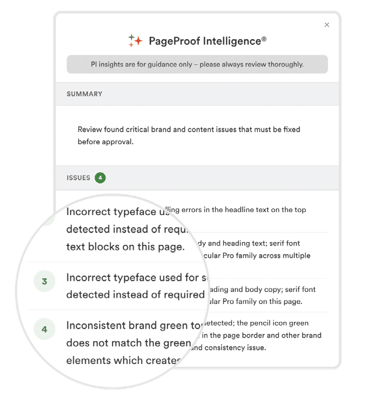 PI-Agents-markup-suggestions PageProof Intelligence panel showing a summary and 4 issues found, including incorrect typeface usage and inconsistent brand colors, with issue items 3 and 4 highlighted in a zoomed callout.