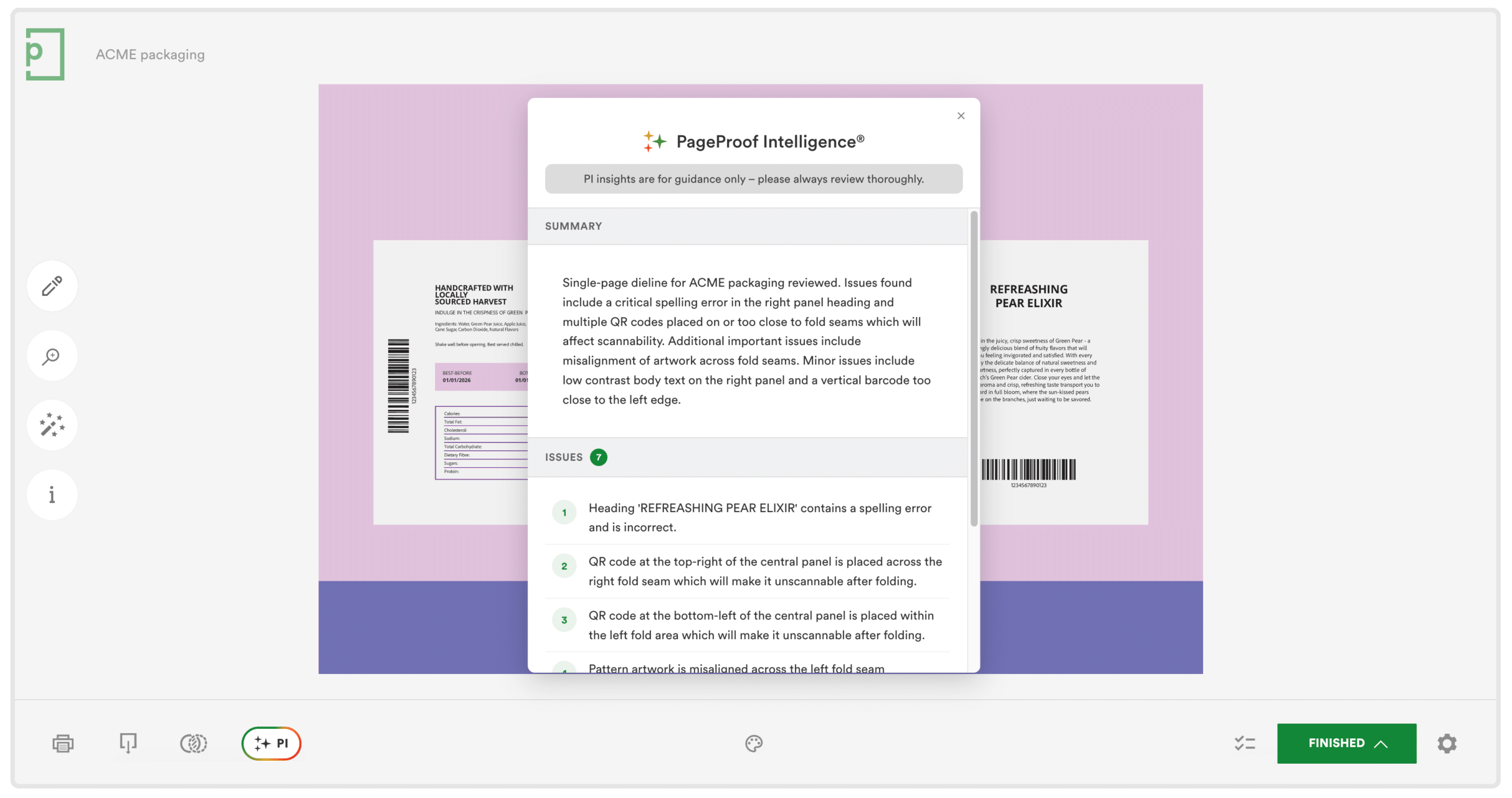 PI-insights-on-the-proofing-screen AI-suggested markup with PI Insights on the proofing screen
