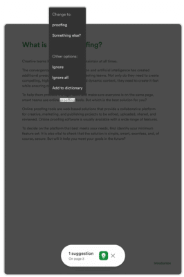 Spell check pop-up showing a recommended word change, ignore, ignore all, and add to dictionary.