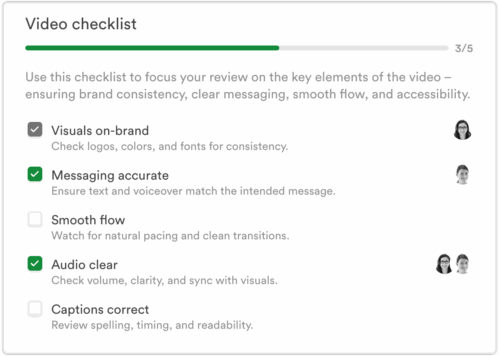 Example of a checklist for video proofs. PageProof checklist showing 3 out of 5 items checked off.